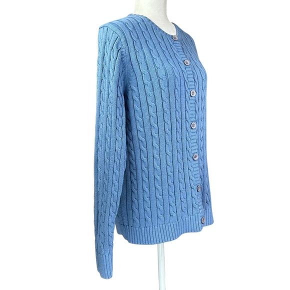 L.L. Bean Cable Knit Sweater Large Cotton Cornflower Blue  Crew Neck Cardigan - Picture 2 of 8